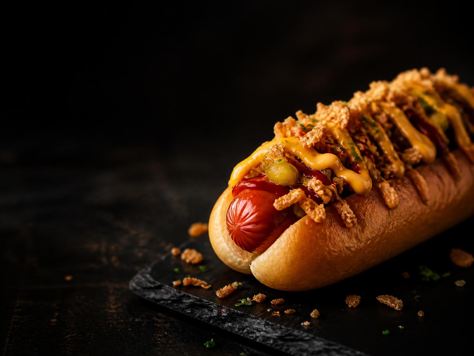 Hot dog gourmet con toppings crujientes